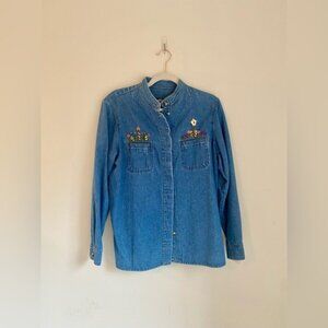 Vintage Denim Embellished Button-Up Shirt By Ruff Hewn With Embroidery Size M